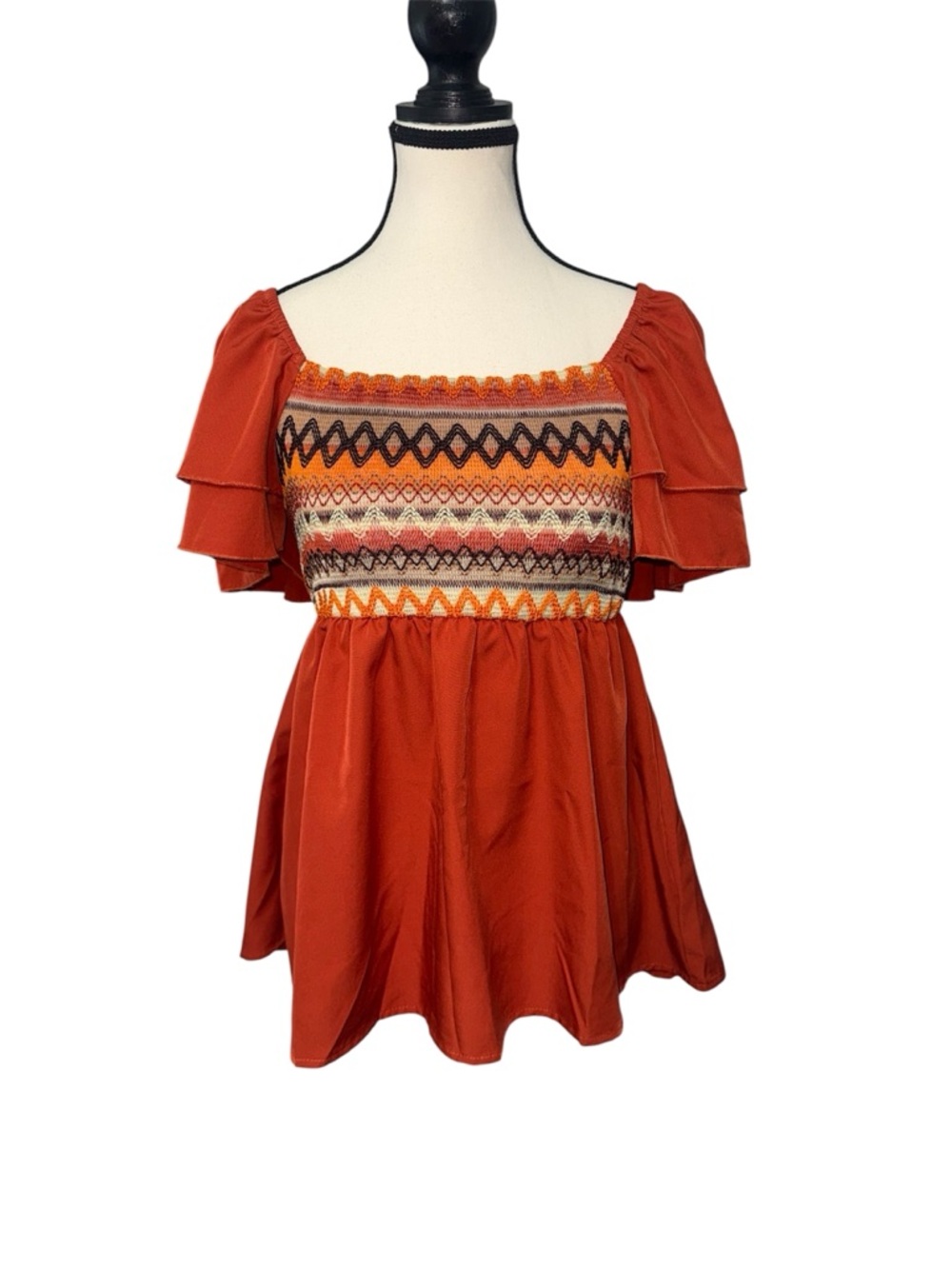 Women’s Orange Bohemian Smocked Peplum Blouse Large